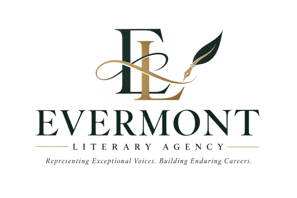 The logo for Evermont Literary Agency, featuring a stylized 'EL' monogram with a gold quill pen and dark green leaf motif above the text 'EVERMONT LITERARY AGENCY' and the tagline 'Representing Exceptional Voices. Building Enduring Careers.